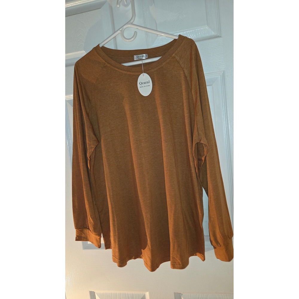 Qearal Womens Long Sleeve Raglan T-Shirt Tobacco Brown Crewneck Top 2XL NWT